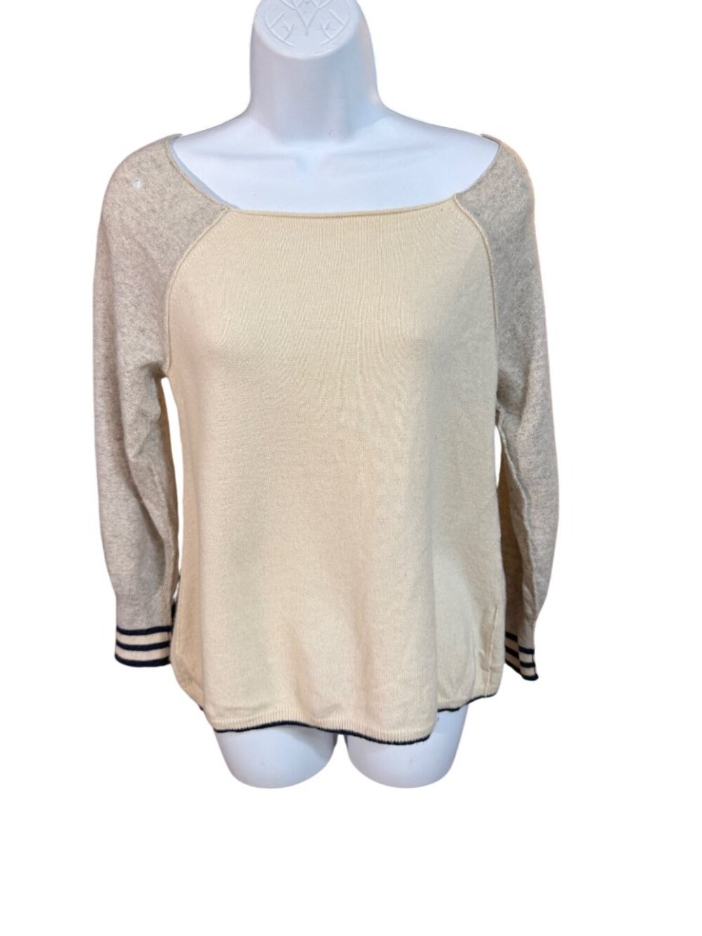 Jigsaw Cashmere Sweater Beige & Gray With Stripe Cuffs Womens L